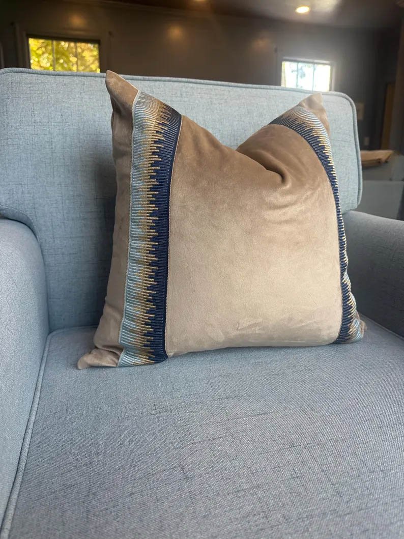 Designer Pillow cover trim tape taupe Fawn Schumacher velvet Cover navy light blue lumbar bolster throw custom Piping high end decorative