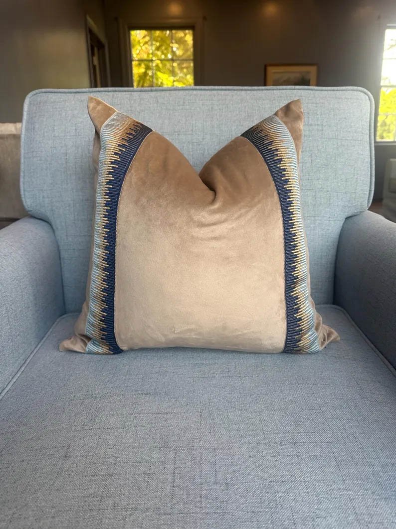 Designer Pillow cover trim tape taupe Fawn Schumacher velvet Cover navy light blue lumbar bolster throw custom Piping high end decorative