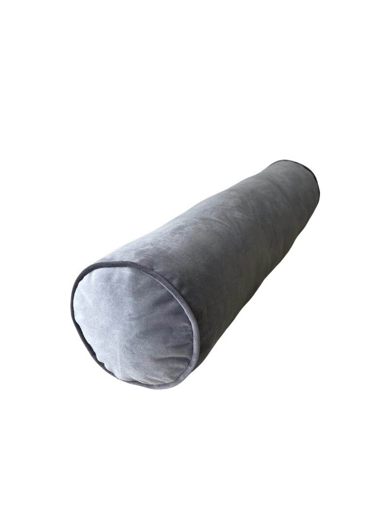 Bolster Pillow Cover Solid Grey Velvet Silver piping performance washable many sizes round throw Piping high end decorative bed