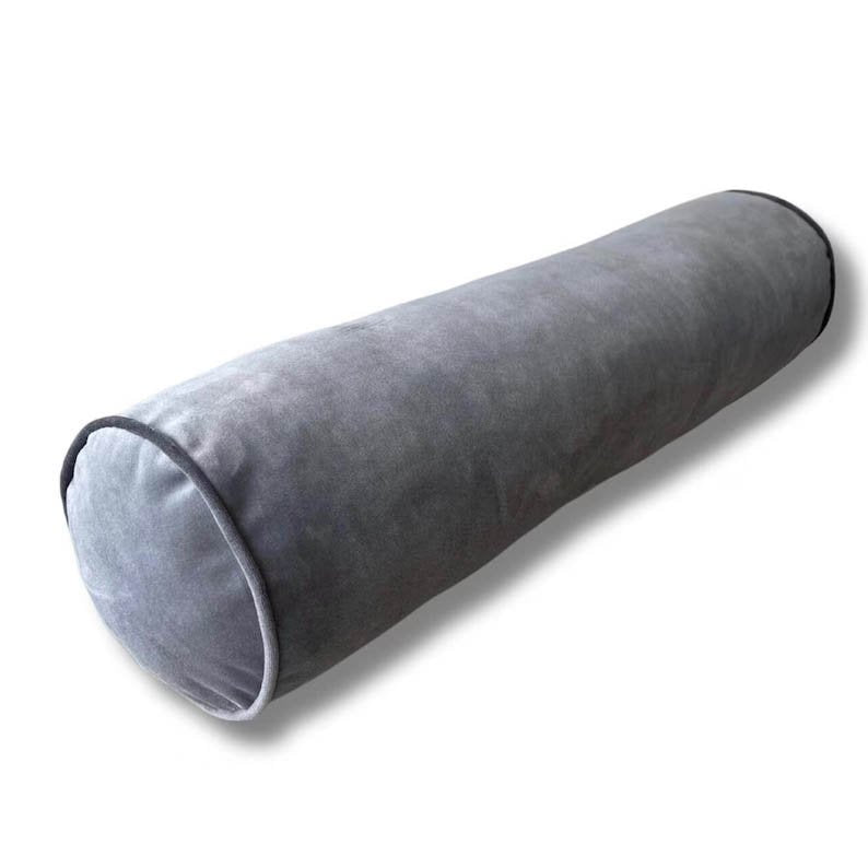 Bolster Pillow Cover Solid Grey Velvet Silver piping performance washable many sizes round throw Piping high end decorative bed