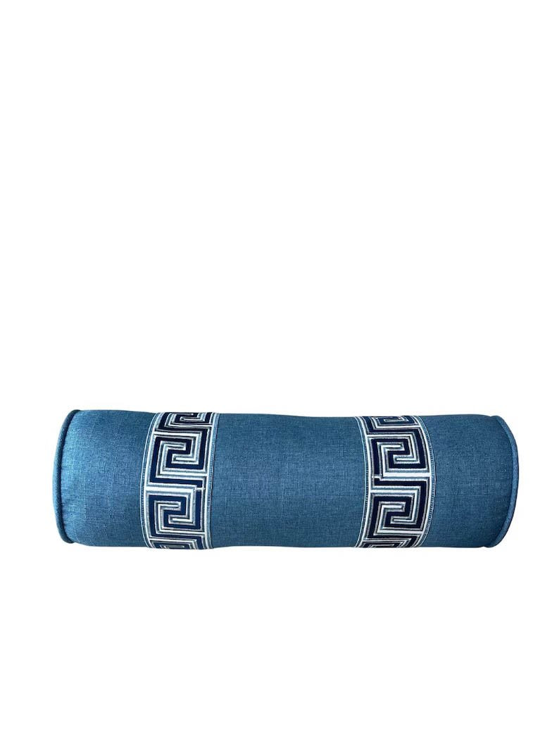 Bolster Pillow Cover Solid Ocean blue piping performance faux Linen Greek Key trim tape round throw Piping high end decorative bed 9” x 26”