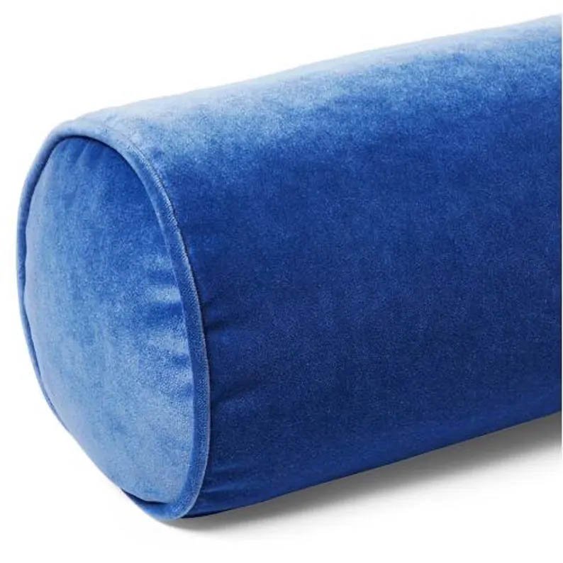Bolster Pillow Cover Solid blue cobalt Velvet Silver piping performance washable many sizes round throw Piping high end decorative bed