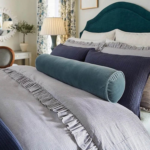 Bolster Pillow Cover Solid blue slate Velvet Silver piping performance washable many sizes round throw Piping high end decorative bed