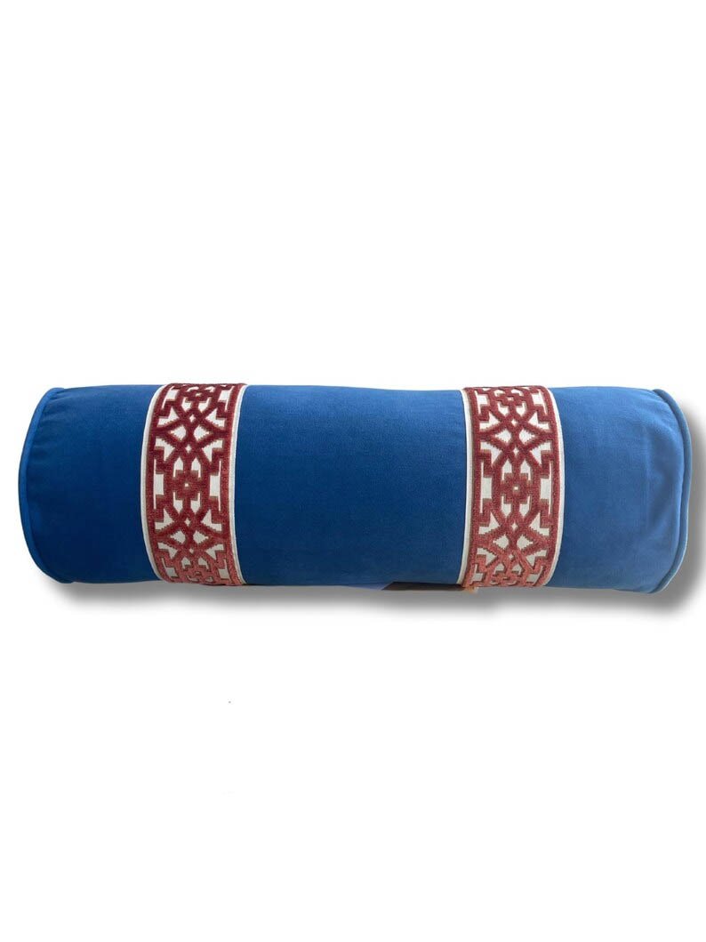 Bolster Pillow Cover Solid cobalt blue piping performance Velvet Rust fretwork trim tape round throw Piping high end decorative bed 9” x 26”