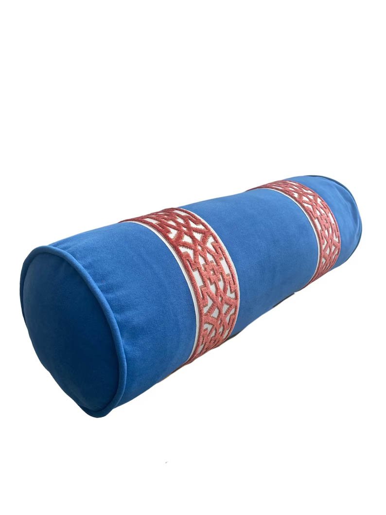 Bolster Pillow Cover Solid cobalt blue piping performance Velvet Rust fretwork trim tape round throw Piping high end decorative bed 9” x 26”