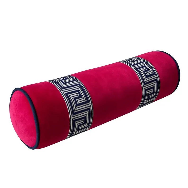 Bolster Pillow Cover hot pink fushia velvet blue piping Greek Key trim tape round throw Piping high end decorative bed