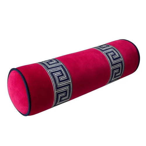 Bolster Pillow Cover hot pink fushia velvet blue piping Greek Key trim tape round throw Piping high end decorative bed