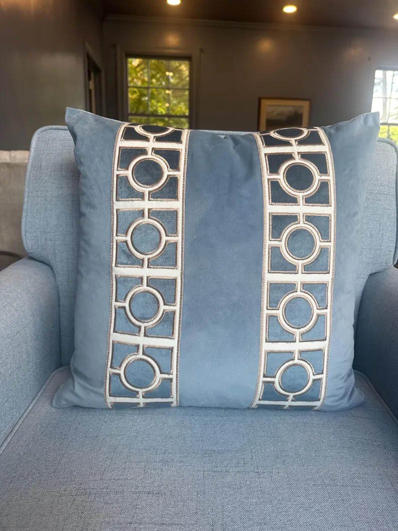 Designer Dusty blue geometric trim tape off white chinoiserie Pillow Cover throw pillow navy Piping high end decorative 20” x 20” in stock