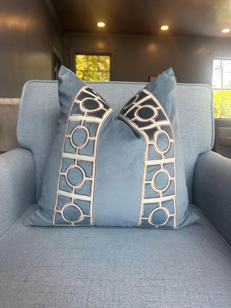 Designer Dusty blue geometric trim tape off white chinoiserie Pillow Cover throw pillow navy Piping high end decorative 20” x 20” in stock