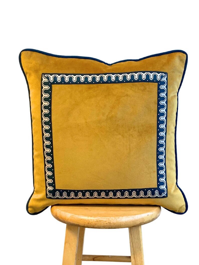 Designer Pillow Cover yellow mustard navy blue piping geometric trim tape lumber bolster throw pillow custom high end decorative blue water