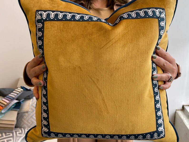 Designer Pillow Cover yellow mustard navy blue piping geometric trim tape lumber bolster throw pillow custom high end decorative blue water