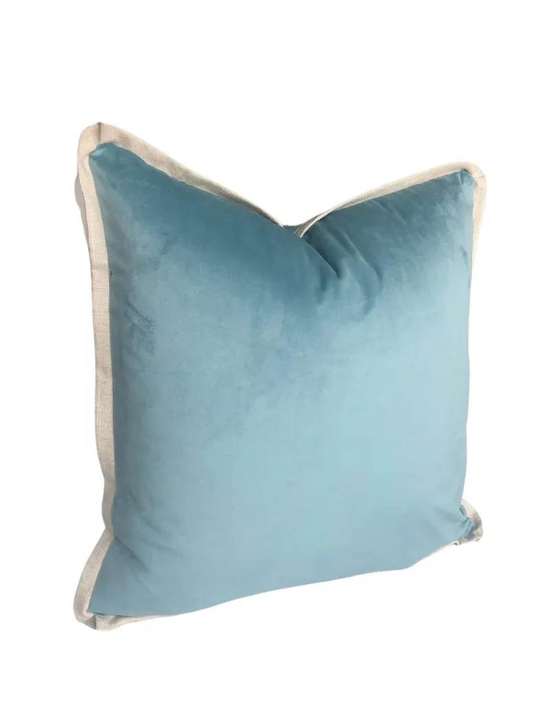 Designer Pillow cover Aqua seafoam velvet Beige flax linen flange lumbar bolster throw custom Piping high end decorative more colors available