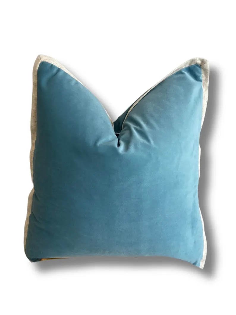 Designer Pillow cover Aqua seafoam velvet Beige flax linen flange lumbar bolster throw custom Piping high end decorative more colors available