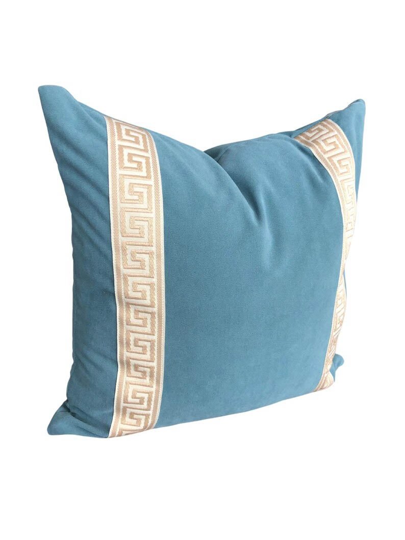 Designer Pillow cover Beige Greek Key Aqua trim tape velvet fretwork lumbar bolster throw custom Piping high end decorative chinoiserie