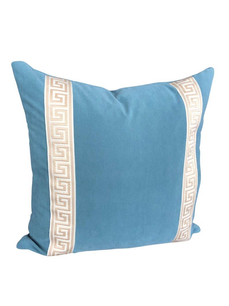 Designer Pillow cover Beige Greek Key Aqua trim tape velvet fretwork lumbar bolster throw custom Piping high end decorative chinoiserie
