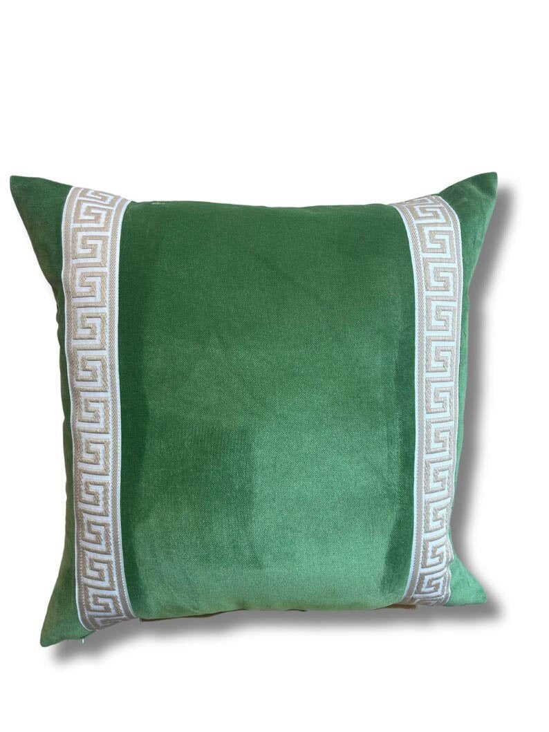 Designer Pillow cover Beige Greek Key moss green trim tape velvet fretwork lumbar bolster throw custom Piping highend decorative chinoiserie