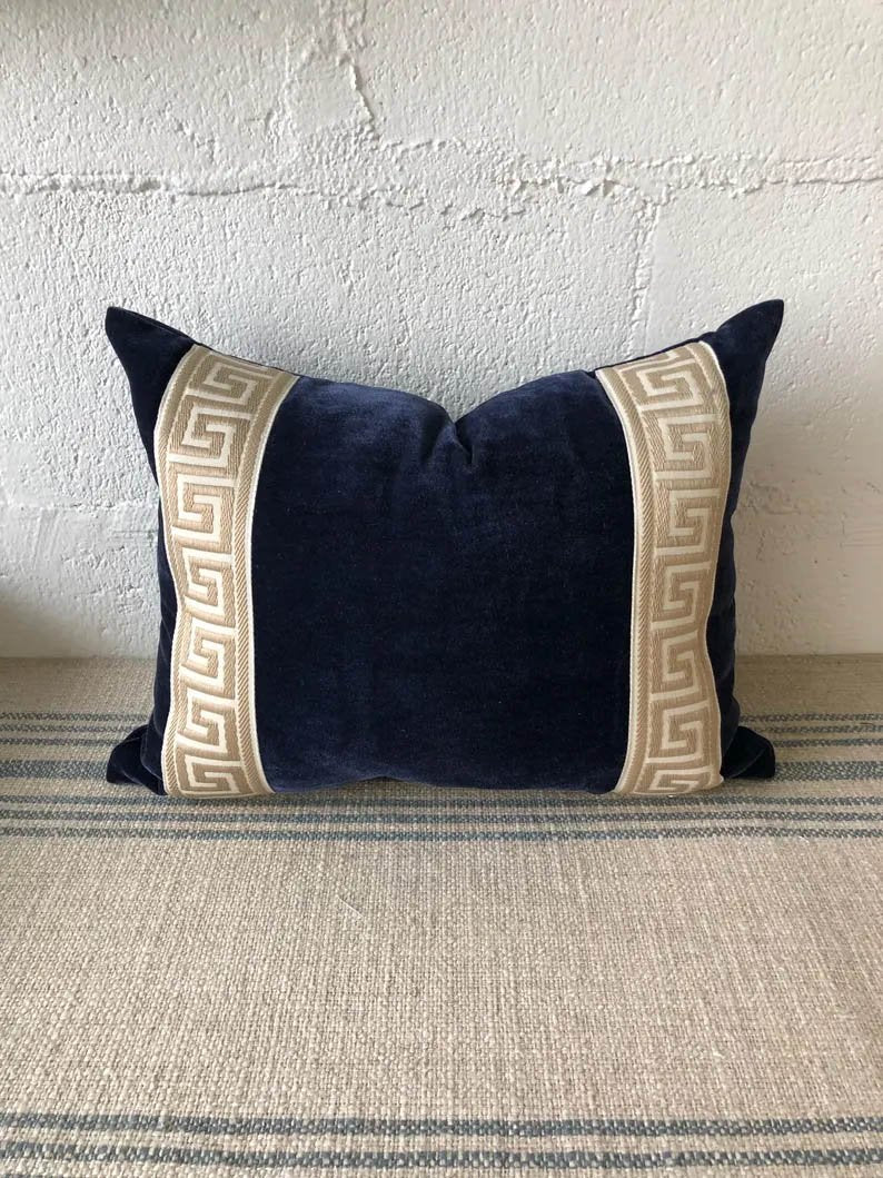 Designer Pillow cover Beige Greek Key navy blue trim tape velvet fretwork lumbar bolster throw custom Piping high end decorative chinoiserie