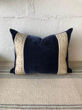 Designer Pillow cover Beige Greek Key navy blue trim tape velvet fretwork lumbar bolster throw custom Piping high end decorative chinoiserie