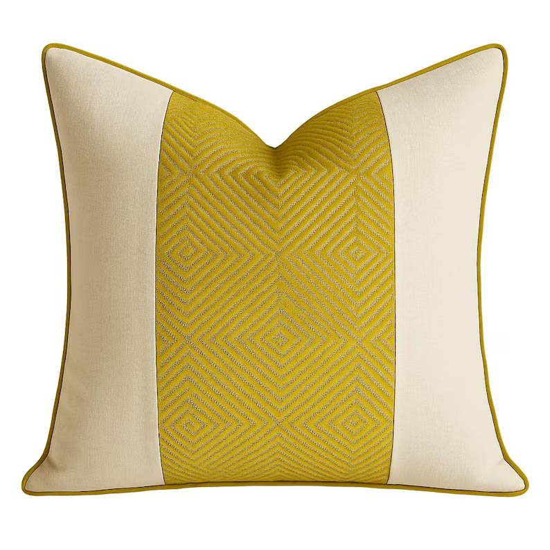 Designer Pillow cover Chartreuse cut velvet colorblock cream linen bolster throw custom Piping high end decorative chinoiserie lumbar