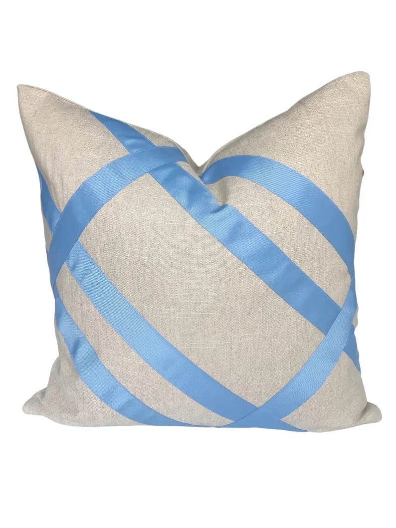 Designer Pillow cover Flax Linen Cover French light grosgrain trim blue lumbar bolster throw custom Piping high end decorative fretwork