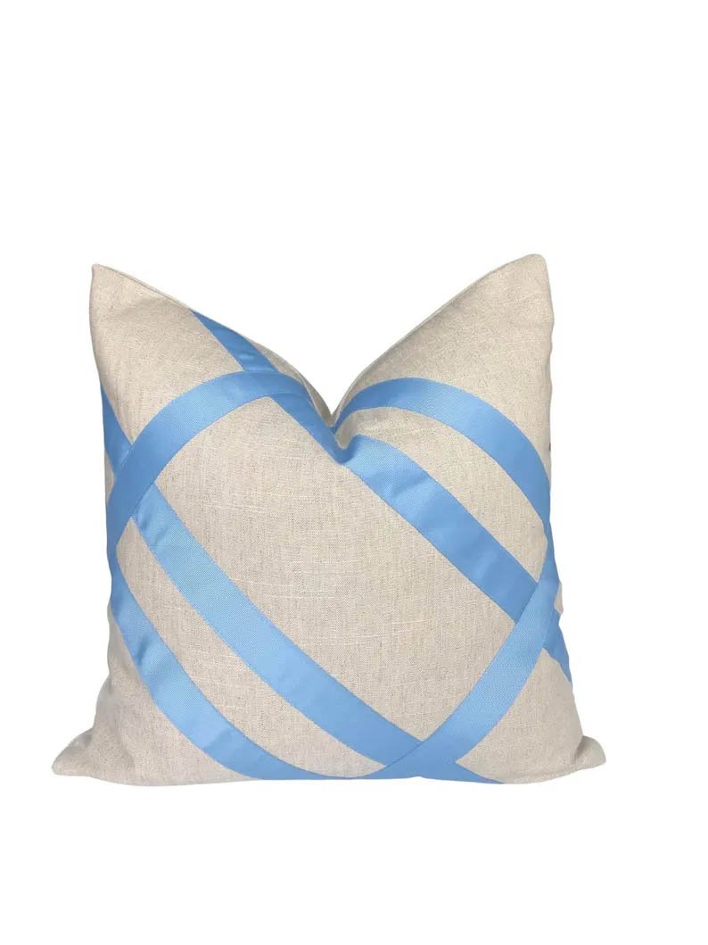 Designer Pillow cover Flax Linen Cover French light grosgrain trim blue lumbar bolster throw custom Piping high end decorative fretwork
