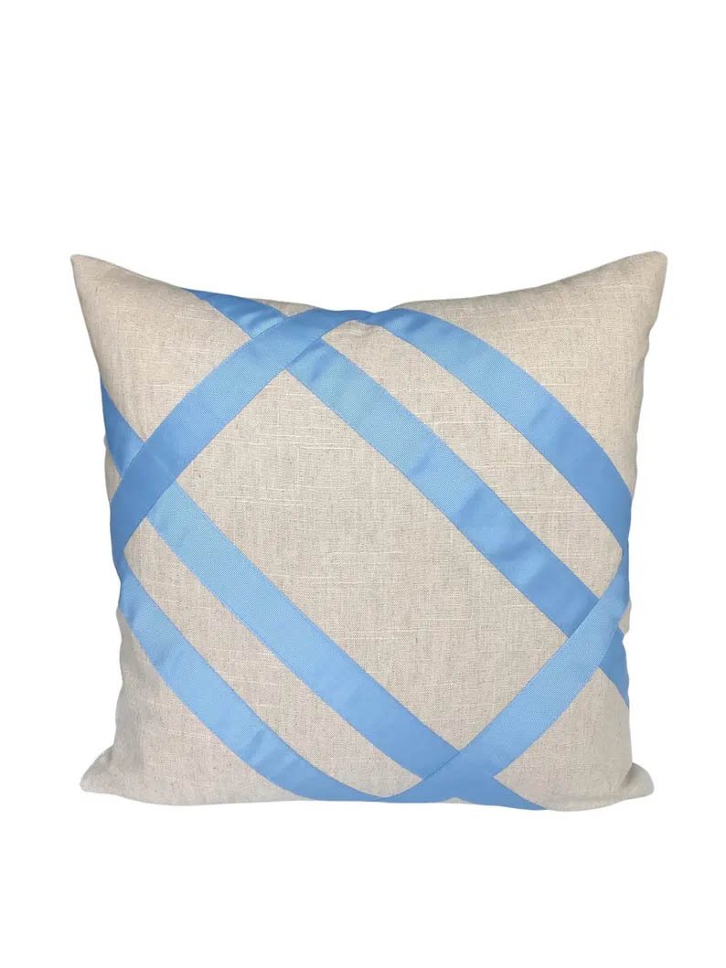 Designer Pillow cover Flax Linen Cover French light grosgrain trim blue lumbar bolster throw custom Piping high end decorative fretwork