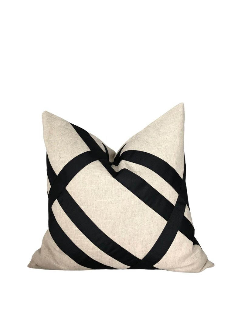 Designer Pillow cover Flax beige Linen Cover black grosgrain trim blue lumbar bolster custom Piping high end decorative fretwork