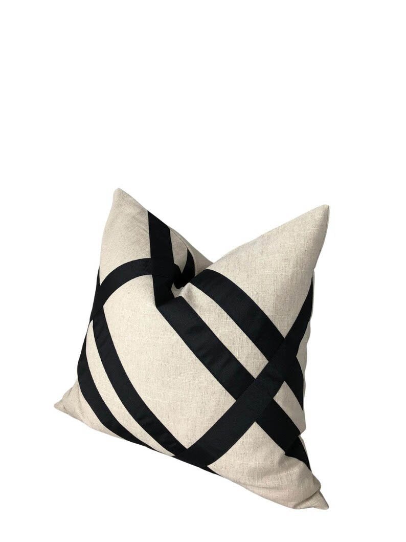 Designer Pillow cover Flax beige Linen Cover black grosgrain trim blue lumbar bolster custom Piping high end decorative fretwork