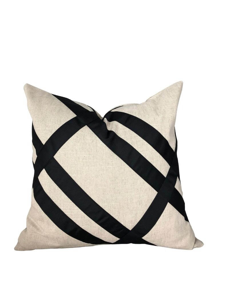 Designer Pillow cover Flax beige Linen Cover black grosgrain trim blue lumbar bolster custom Piping high end decorative fretwork