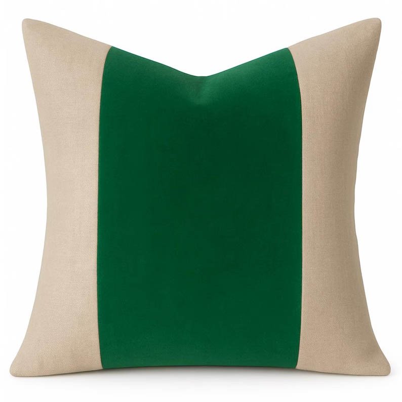 Designer Pillow cover Fushia emerald green linen flax natural colorblock bolster throw custom Piping high end decorative chinoiserie