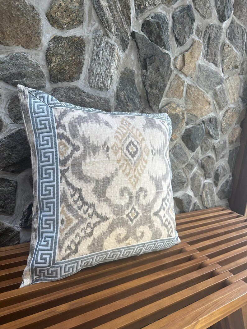 Designer Pillow Cover Covington Ikat Kantha fabric with Grey Greek Key trim 20 x 20 inch throw pillow custom Piping high end decorative
