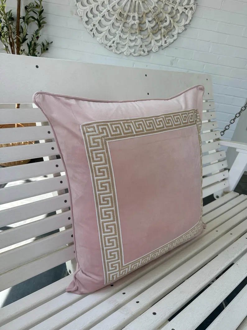 Designer Pillow cover blush light pink velvet Beige beige Key trim tape lumbar bolster throw custom Piping high end decorative chinoiserie