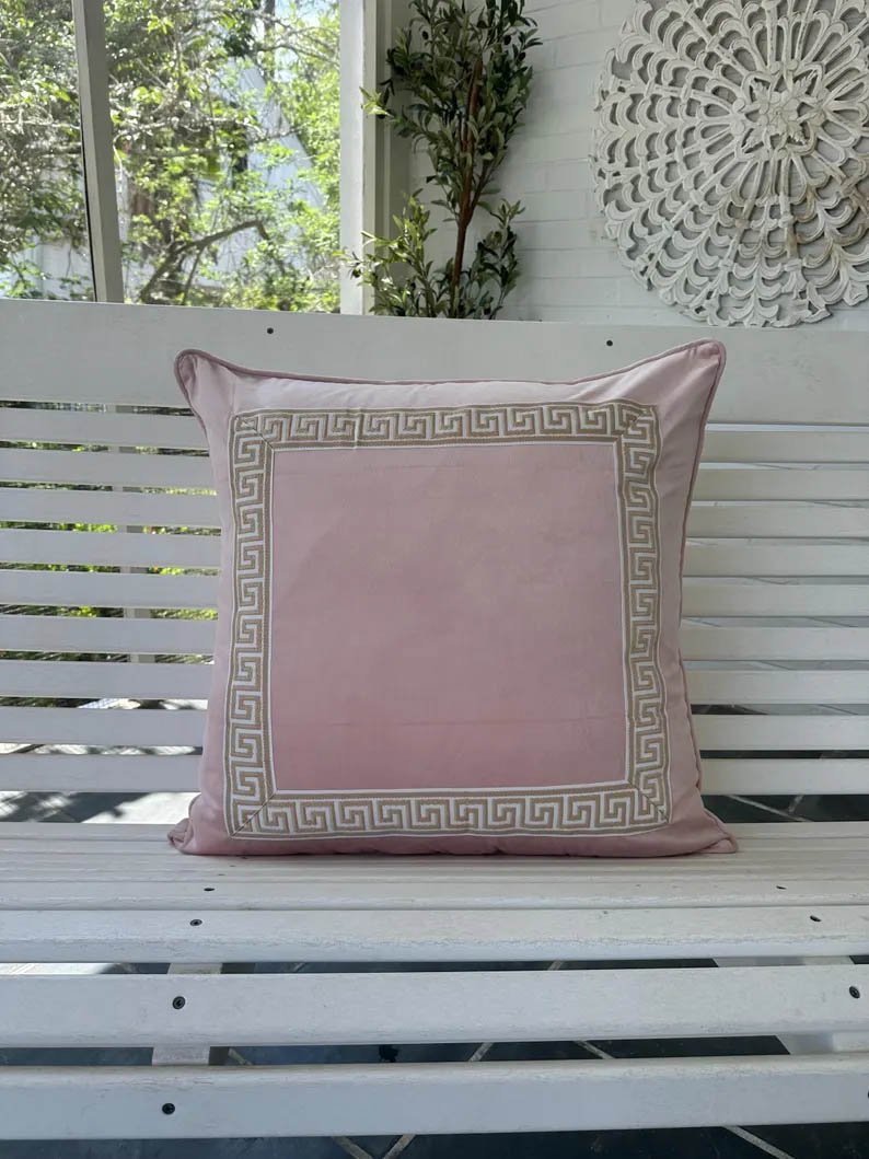 Designer Pillow cover blush light pink velvet Beige beige Key trim tape lumbar bolster throw custom Piping high end decorative chinoiserie