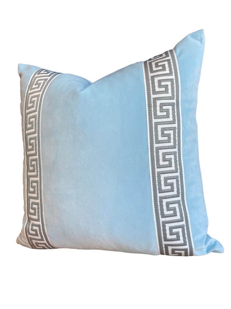 Designer Pillow cover grey Greek Key light blue trim tape velvet fretwork lumbar bolster throw custom Piping high end decorative chinoiserie