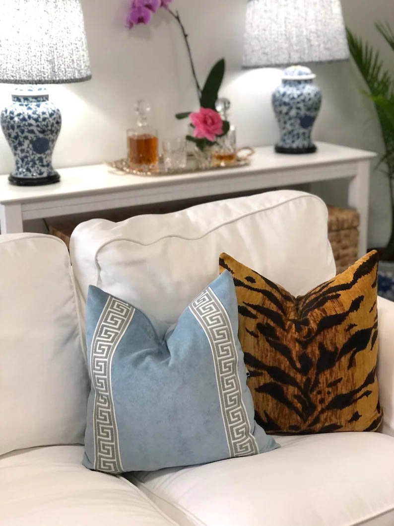 Designer Pillow cover grey Greek Key light blue trim tape velvet fretwork lumbar bolster throw custom Piping high end decorative chinoiserie