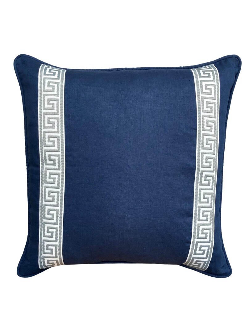 Designer Pillow cover grey Greek Key navy blue trim tape velvet fretwork lumbar bolster throw custom Piping high end decorative chinoiserie