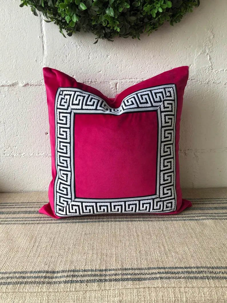 Designer Pillow cover hot pink fuchsia velvet white Black Key trim tape lumbar bolster throw custom Piping high end decorative chinoiserie