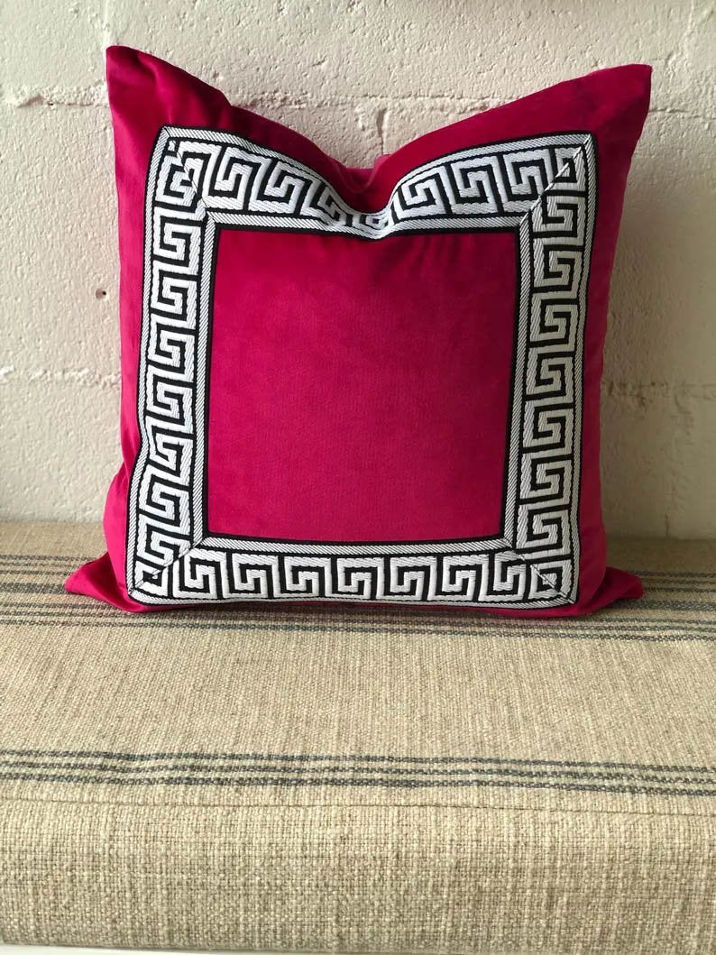 Designer Pillow cover hot pink fuchsia velvet white Black Key trim tape lumbar bolster throw custom Piping high end decorative chinoiserie