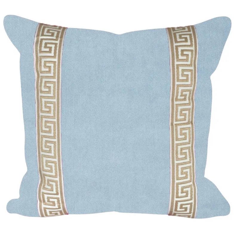 Designer Pillow cover light blue velvet Beige beige Key trim tape lumbar bolster throw custom Piping high end decorative chinoiserie sky