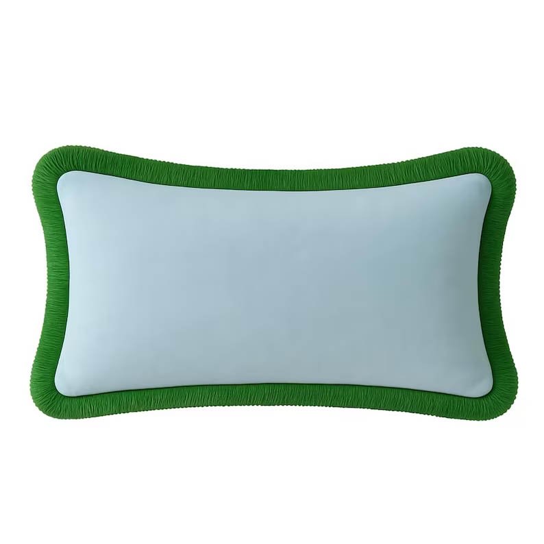 Designer Pillow cover light blue velvet Kelly green fringe trim bolster throw custom Piping high end decorative chinoiserie lumbar