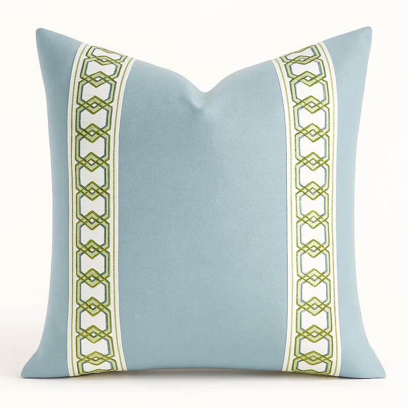 Designer Pillow cover light blue velvet apple green hex trim geometric bolster throw custom Piping high end decorative chinoiserie lumbar