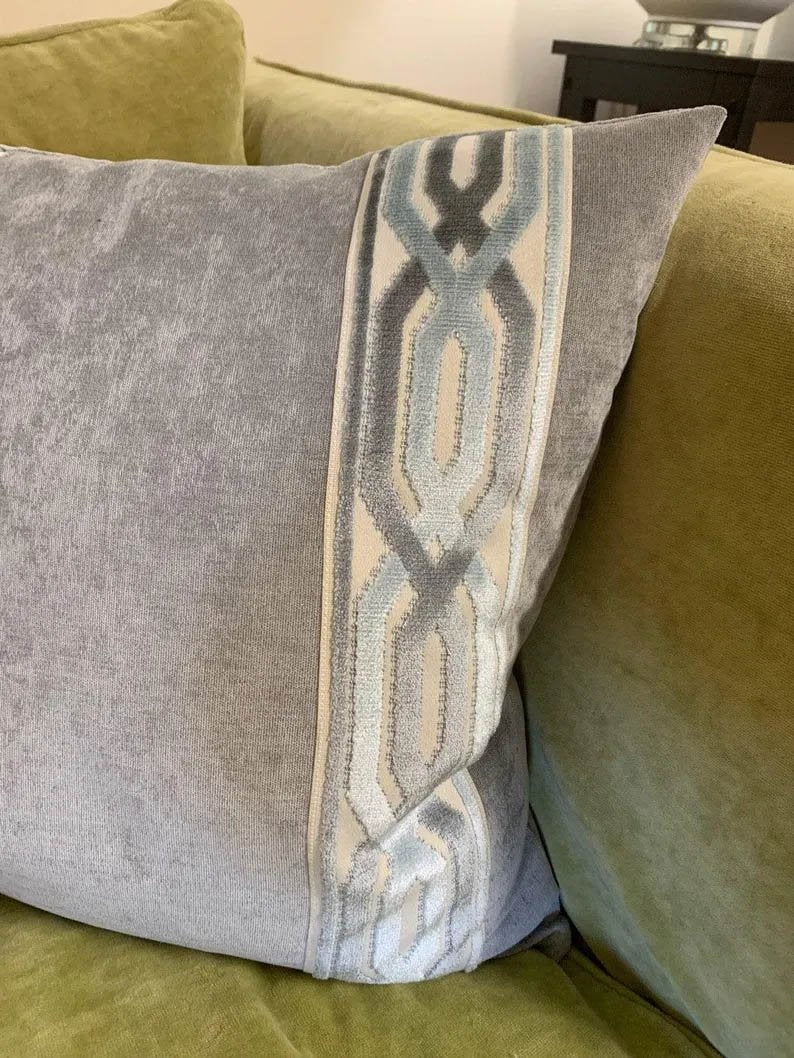 Designer Pillow cover light grey velvet Beige beige Key trim tape lumbar bolster throw custom Piping high end decorative chinoiserie
