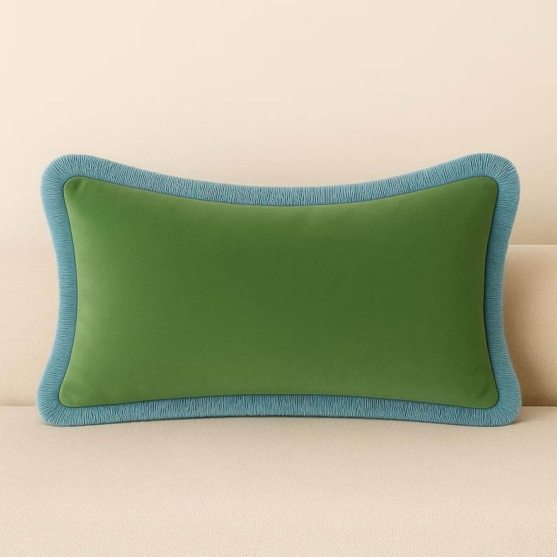 Designer Pillow cover moss green velvet French blue fringe trim bolster throw custom Piping high end decorative chinoiserie lumbar