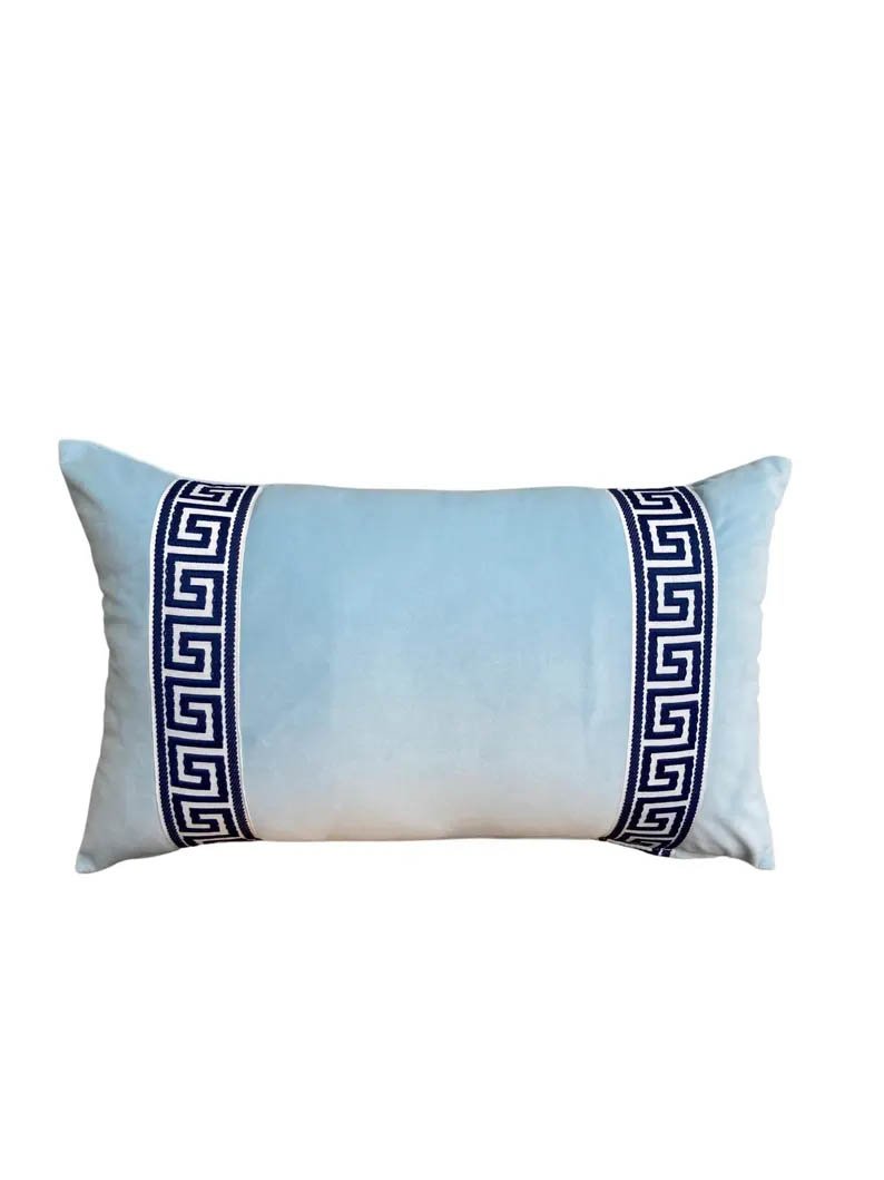 Designer Pillow cover navy Greek Key light blue trim tape velvet fretwork lumbar bolster throw custom Piping high end decorative chinoiserie