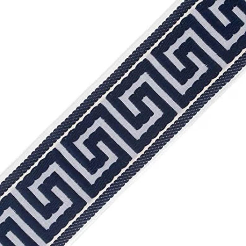 Designer Pillow cover navy Greek Key midnight blue trim tape velvet fretwork lumbar bolster throw Piping decorative chinoiserie USA Made