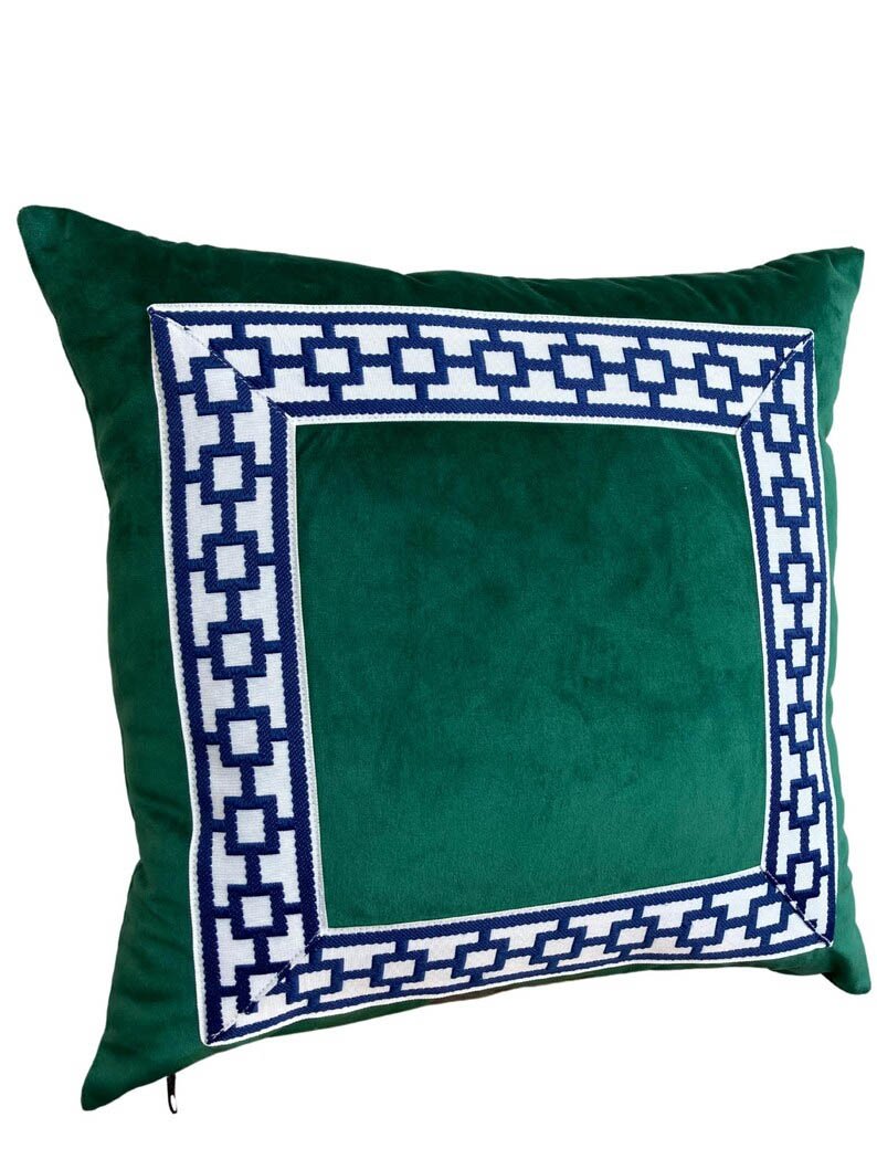 Designer Pillow cover navy blue emerald green trim tape velvet fretwork lumbar bolster throw custom Piping highend decorative chinoiserie