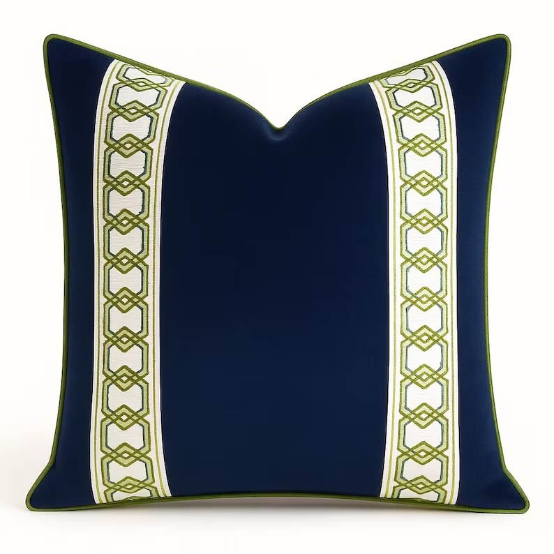 Designer Pillow cover navy blue velvet apple green hex trim geometric bolster throw custom Piping high end decorative chinoiserie lumbar