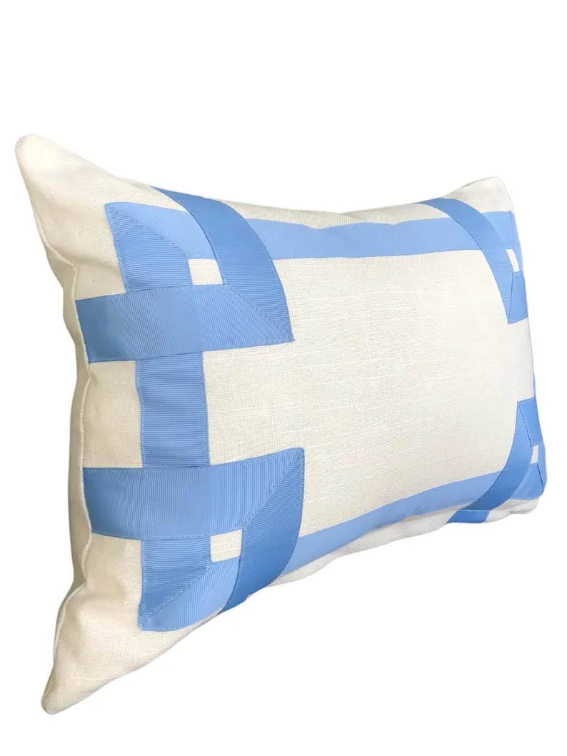 Designer Pillow cover off white Linen Cover French light grosgrain trim blue lumbar bolster throw custom Piping high end decorative fretwork