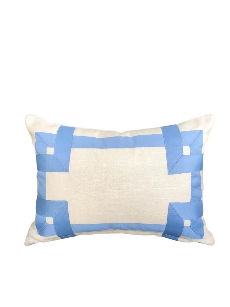 Designer Pillow cover off white Linen Cover French light grosgrain trim blue lumbar bolster throw custom Piping high end decorative fretwork