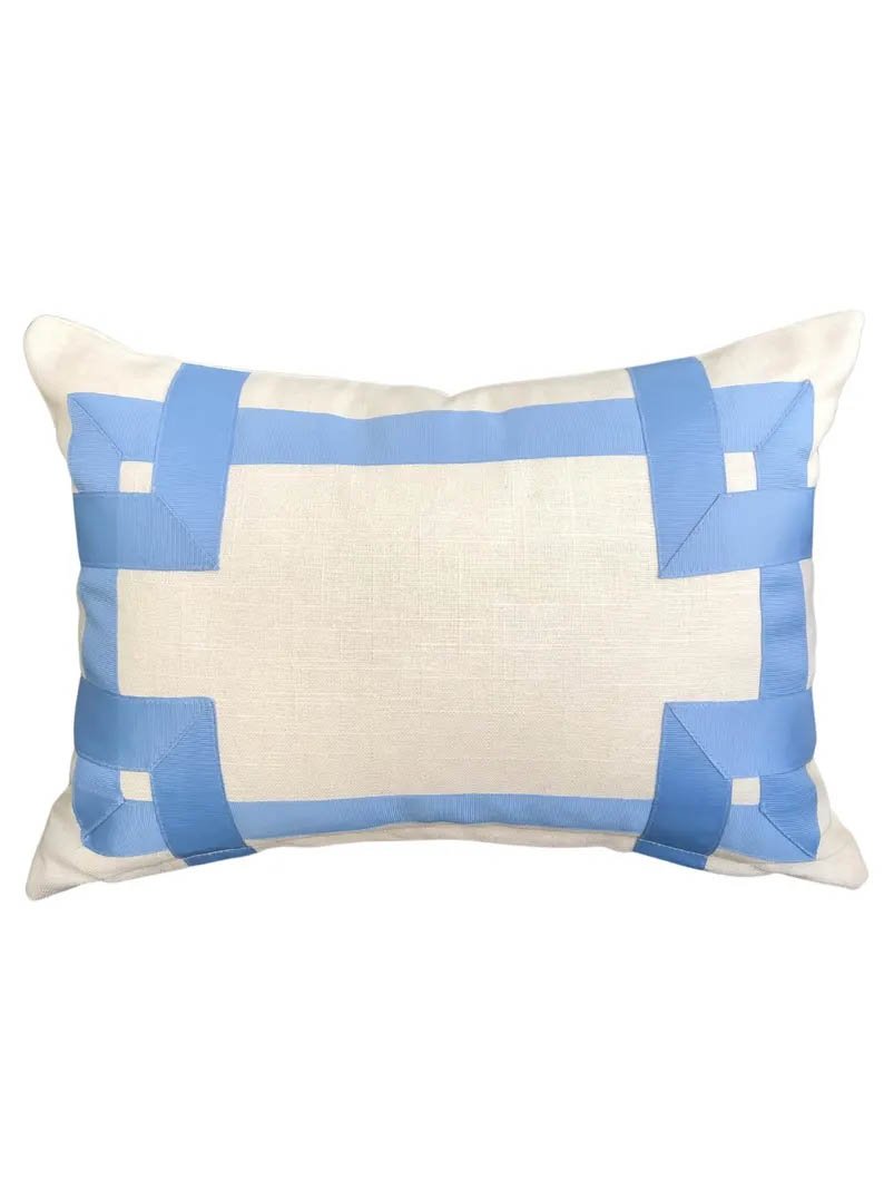 Designer Pillow cover off white Linen Cover French light grosgrain trim blue lumbar bolster throw custom Piping high end decorative fretwork